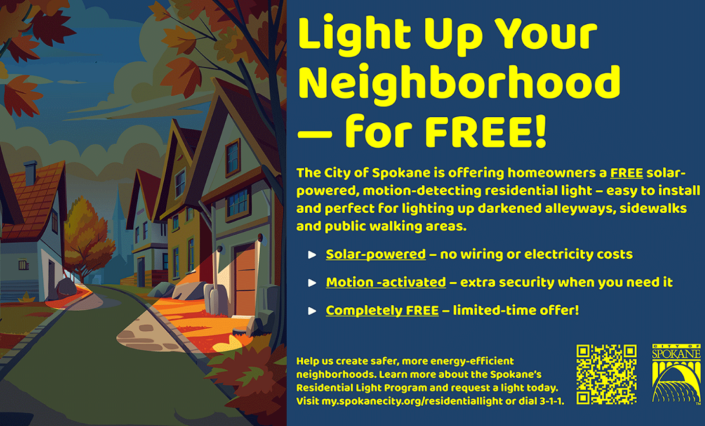 A poster that outlines information about the residential light program. Includes a QR code and a photo of houses with their lights on.