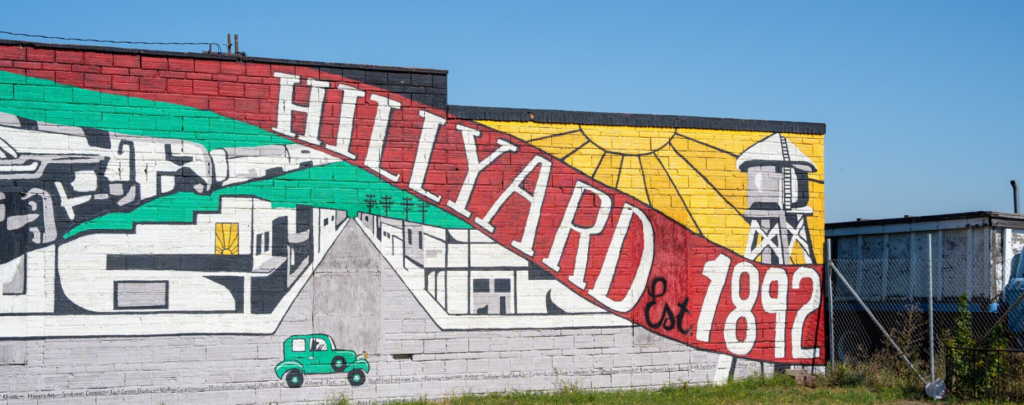 photo of a mural in Hillyard Neighborhood that has a train, car, sun, and water tank.
