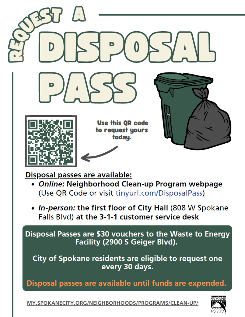 Disposal pass poster. It has a trash can and a garbage bag with a QR code  linking you to the disposal pass request form. 
